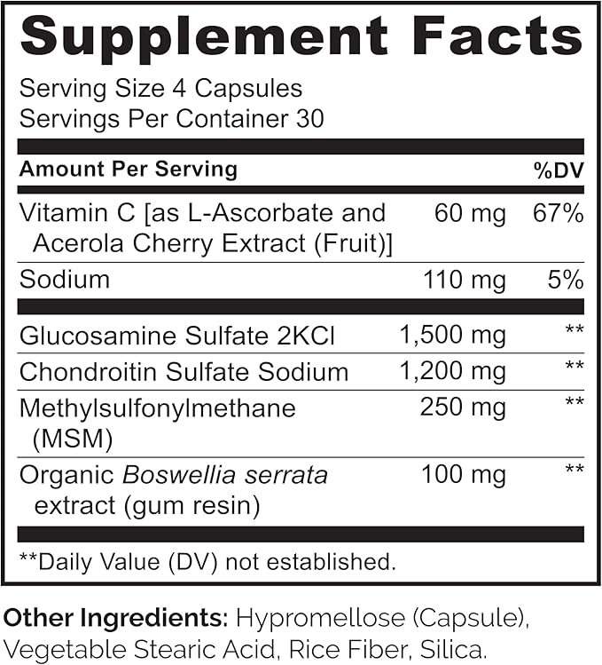 NATURELO Glucosamine Chondroitin MSM with Boswellia and Vitamin C - Supplement for Joint Comfort, Mobility, and Strength - 120 Capsules