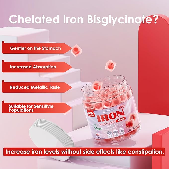 Vegan Iron Supplement for Women 25mg, Sugar Free Iron Gummies with Vitamin C, Methy B12, Folate for Energy Boost, Iron Deficiency, No After Taste, Peach Flavor - 60 Count (Pack of 2)