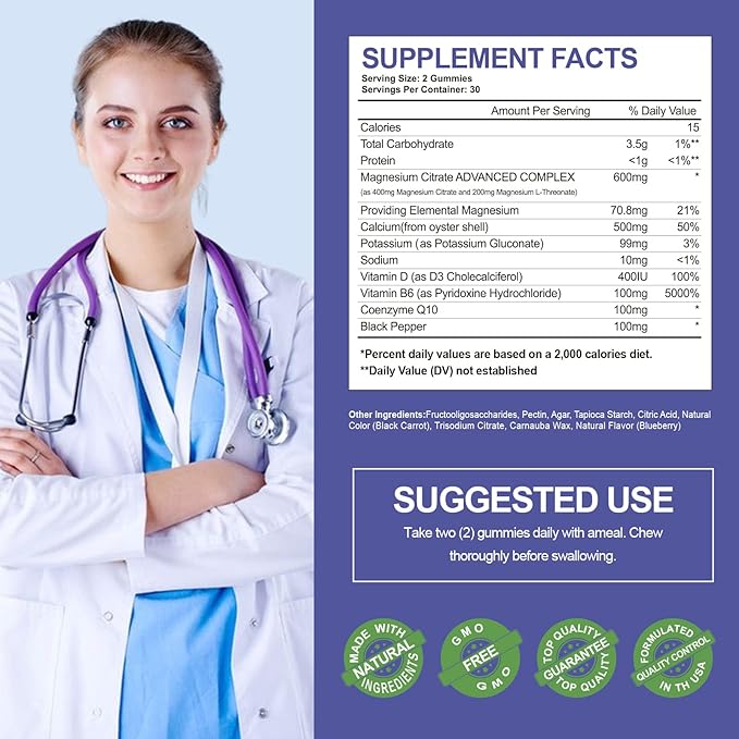 Potassium Magnesium Gummies for Adults Kids, High Absorption Potassium Citrate 99mg Magnesium Citrate 400mg, Chewable Gummy Supplements for Leg & Muscle Health, Blueberry, 60 Count