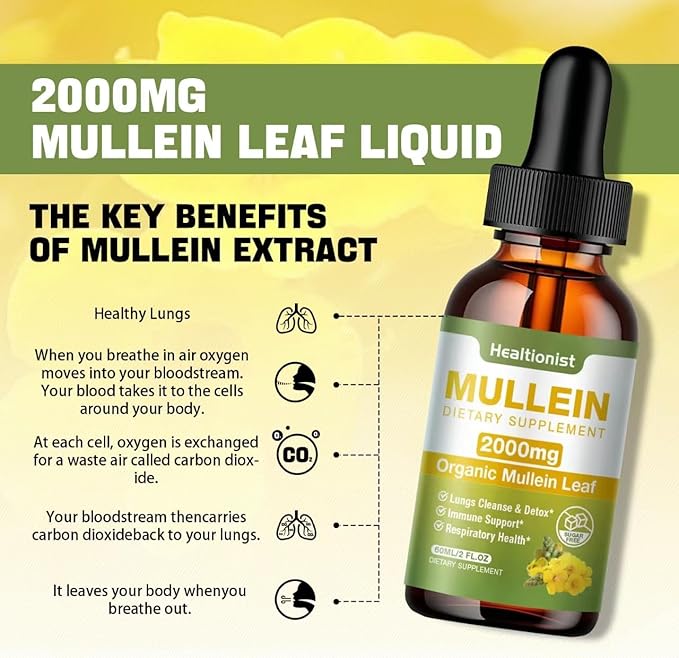 2 Pack Mullein Drops for Lungs - Leaf Extract Liquid - Powerful Mullein for Immune Support, Cleanse - Detox & Respiratory, Digestive System, Natural Herbal Supplement Tincture, Tea - 4 fl oz Vegan