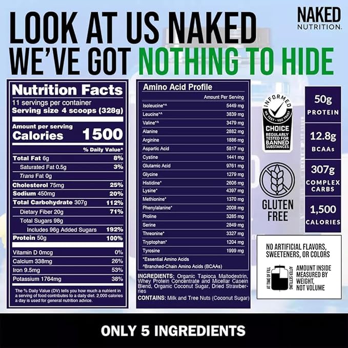 Naked Strawberry Mass - 1,500 Calories, 50G Protein, Nothing Artificial. Strawberry Weight Gainer Protein Powder - 8lb Bulk, GMO Free, Gluten Free & Soy Free