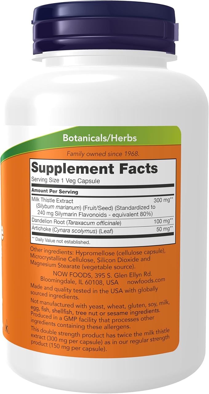 NOW Foods Supplements, Silymarin Milk Thistle Extract 300 mg with Artichoke and Dandelion, Double Strength, Supports Liver Function*, 200 Veg Capsules
