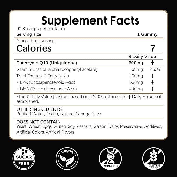 CoQ10 Gummies, Co Q 10 Supplement Sugar Free, Cq10 600mg with Omega 3 & Vitamin E, High Absorption Coenzyme Q10 Gummies for Heart Heathy, Energy & Antioxidant Support, Orange Flavor, 90 Count