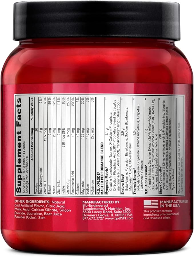 BSN N.O.-XPLODE Pre Workout Powder, Energy Supplement for Men and Women with Creatine and Beta-Alanine, Flavor: Watermelon, 30 Servings