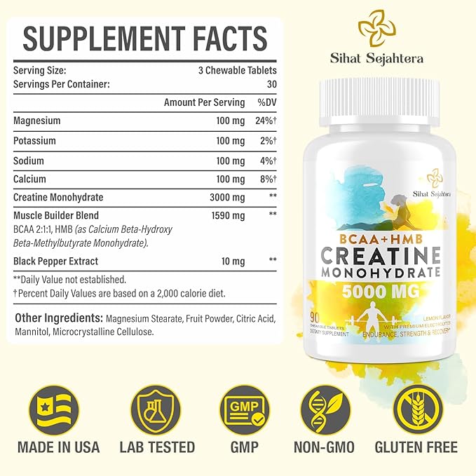 8-in-1 Creatine Monohydrate with BCAA & HMB, 5000 mg for Men & Women, Creatine Chews for Muscle, Recovery, Endurance & Strength, High Absorption, Lemon Flavor, Sugar-Free, 180 Tablets