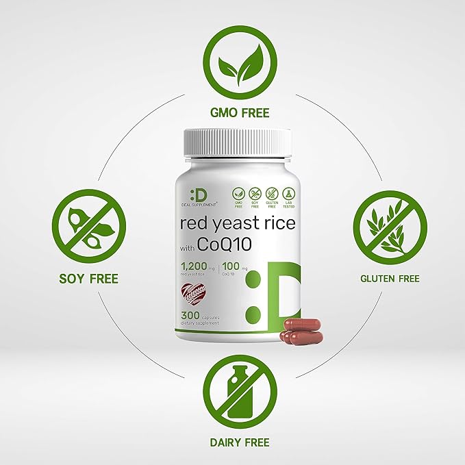 Deal Supplement Red Yeast Rice 1,200mg Per Serving with CoQ10, 300 Capsules - Antioxidant Support - Pure Monascus Purpureus Powder Source - Citrinin Free, Non-GMO