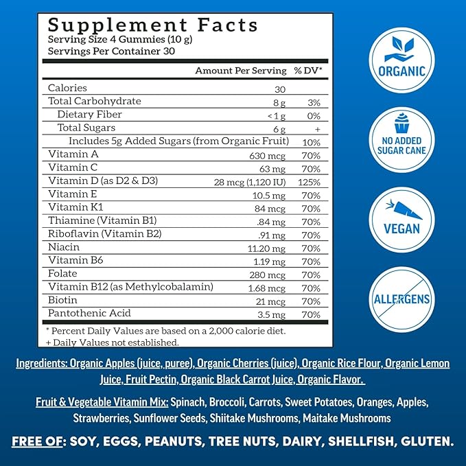 Llama Naturals Multivitamin for Men, Vegan, Organic Gummies with Vitamin D, C and K, Men's Real Fruit Gummy Vitamins, Chewable Multivitamin Supplement, No Added Sugar Cane, Cherry, 120 Ct