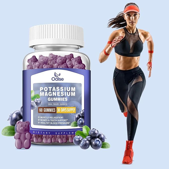 Potassium Magnesium Gummies for Adults Kids, High Absorption Potassium Citrate 99mg Magnesium Citrate 400mg, Chewable Gummy Supplements for Leg & Muscle Health, Blueberry, 60 Count
