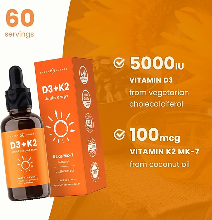 NutraChamps Vitamin D3 K2 Drops, Liquid Vitamin D3 5000 IU & K2 D3 with MK7, Vitamin D Drops for Kids, Bones, Heart & Immune Health, Liquid Vitamin D in MCT Oil for Better Absorption