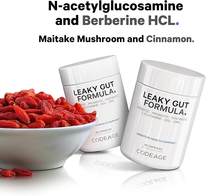 Codeage Leaky Gut Supplement, L-Glutamine, N-Acetylglucosamine, Probiotic, Butyric Acid, Polyphenols, Quercetin, DGL, Marshmallow Root, Berberine, BioPerine, Cinnamon, Vegan, Non-GMO, 60 Capsules