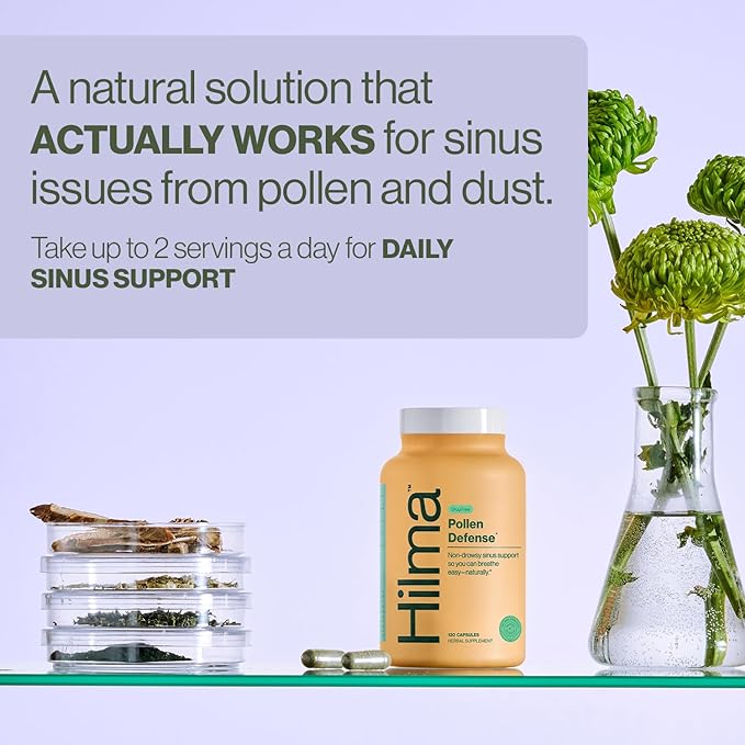 Hilma Natural Sinus Support, All Day Allergy and Sinus Relief from Pollen and Dust w/Butterbur, Stinging Nettles and Spirulina, Non-Drowsy, Organic, Clinically Proven Ingredients, 120 Vegan Capsules