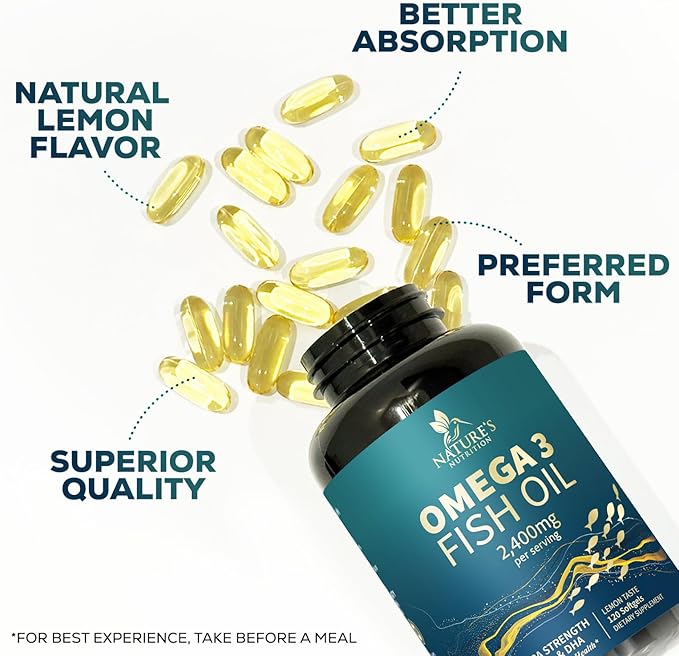 Triple Strength Omega 3 Fish Oil - 2400 mg Natural Omega-3 Supplements Support Brain, Heart & Joint Health with EPA & DHA Essential Fatty Acids - Lemon Flavor, Burpless, Wild Caught - 120 Softgels