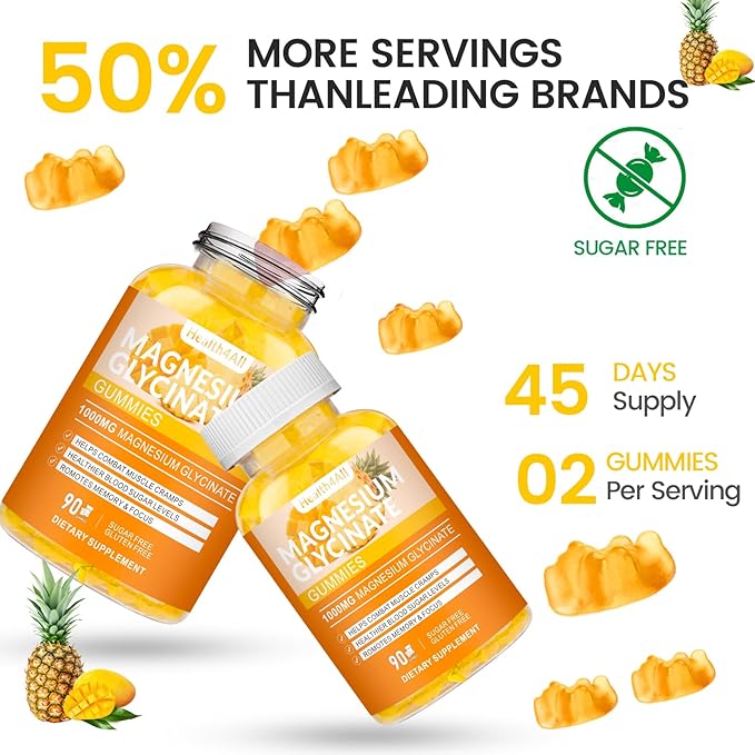 Magnesium Glycinate Gummies 1000mg, High Absorption Sugar Free Magnesium Potassium Supplement for Relaxation, Stress Relief, and Sleep Support for Adults & Kids - 90 Mango Pineapple Gummies