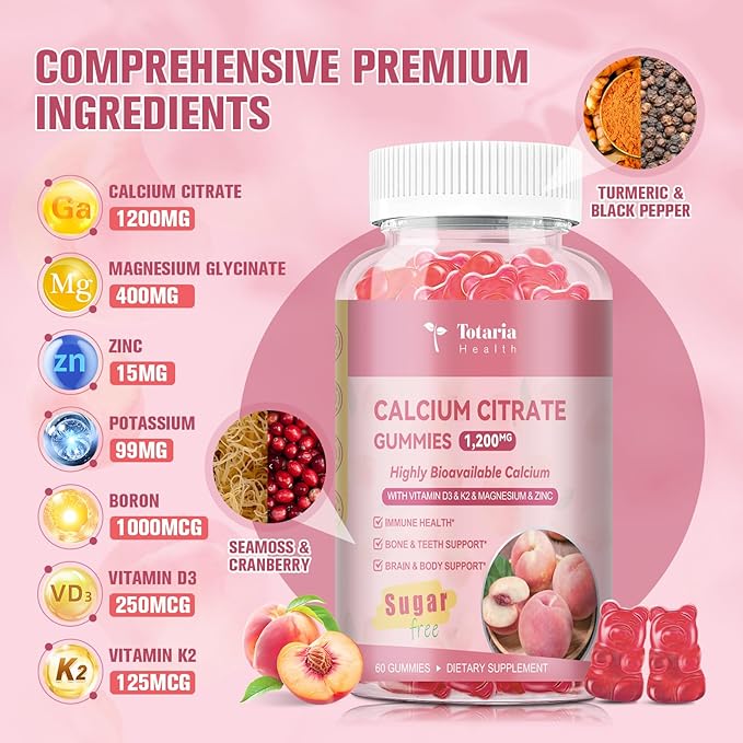 2 Pack Calcium Citrate Gummies 1200 mg - Calcium Supplements for Women with Vitamin D3 & K2,Magnesium,Zinc - Sugar Free Calcium Gummies for Bone & Teeth & Immune Support- Peach Flavor