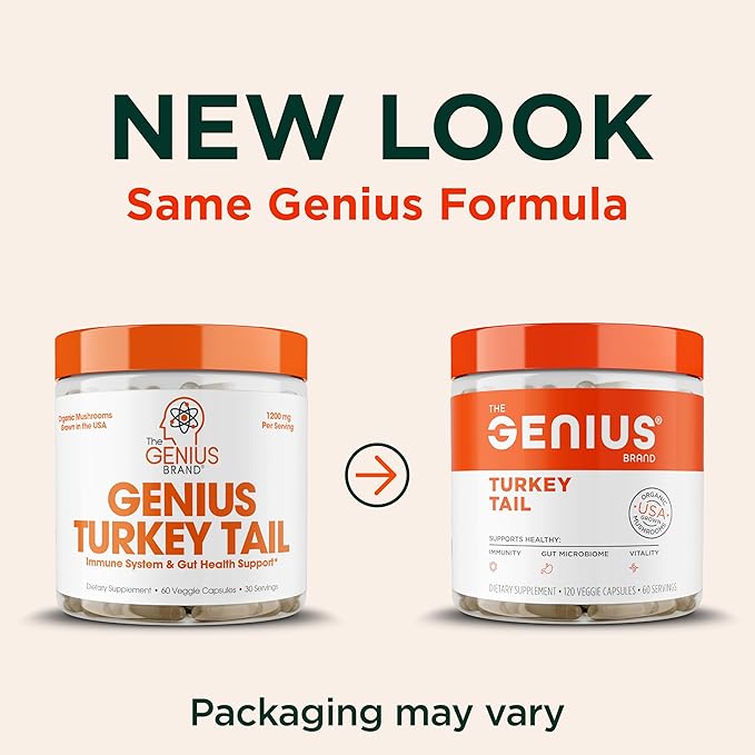 Genius Turkey Tail Mushroom Supplement – Immune & Gut Health Support Powerful Antioxidants & Prebiotics for Digestion & Wellness Organic, Pure, No Fillers 100 Capsules Natural Defense & Vitality Boost