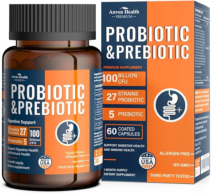 100 Billion Probiotics for Men and Women 27 Strains 5 Organic Prebiotics for Gut Digestive & Immune Health, Supports Diarrhea Gas Bloating, Vegan Probiotic Supplement Formulaไธจ60 Caps