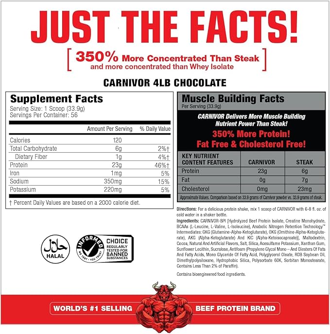 MuscleMeds CARNIVOR Beef Protein Isolate Powder, Muscle Building, Recovery, Lactose Free, Sugar Free, Fat, Free, 23g Protein, Halal Certified, Chocolate, 56 Servings