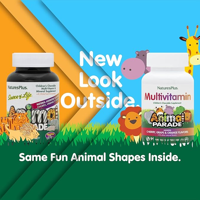 Natures Plus Animal Parade Children's Chewable Multivitamin - 90 Animal-Shaped Tablets, Pack of 2 - Natural Assorted Flavors - Vegan, Gluten Free - 90 Total Servings