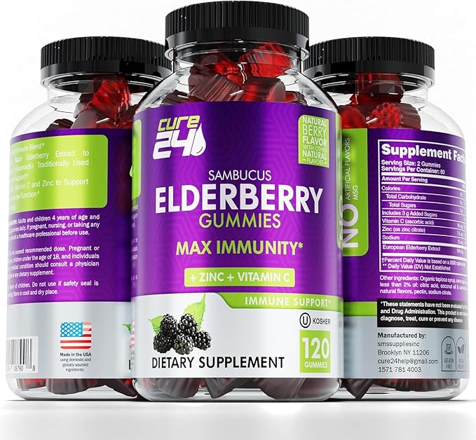 Sambucus Elderberry Gummies + Vitamin C + Zinc for Kids & Adults, X3 Immune Support, Natural Flavors + Ingredients, Vegan, Non-GMO, Made in USA (120)