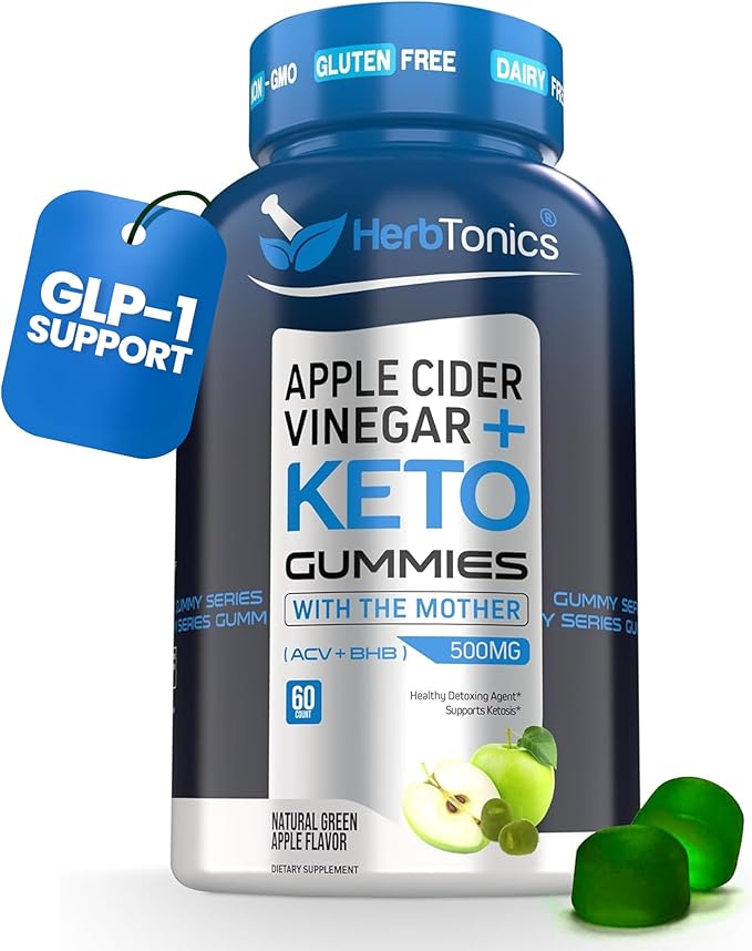 Herbtonics Keto Apple Cider Vinegar Gummies | Digestion & Detox | GLP-1 Support | Sugar Free BHB Advanced Formula for Keto Support - Raw ACV with The Mother - 60 Vegan ACV Gummies