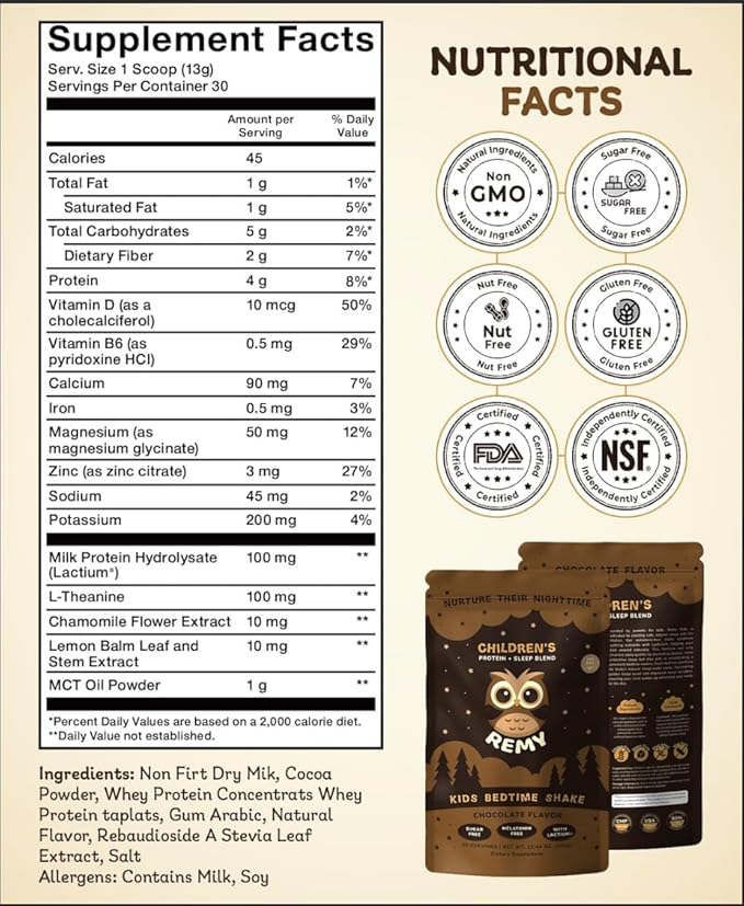 Remy Kids Protein Sleep Aid Supplements, Melatonin-Free Formula, Lactium®, L Theanine, VIT D, B6, Calcium & Herbal Extracts Sleep Aid for Kids, Balanced Nutritional Drink, Non GMO & Preservatives