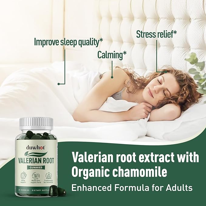 Valerian Root Gummy, Organic Valerian Root for Sleep & Stress Relief, Enhanced with Chamomile Flower for Adults, Kids-Friendly, Apple Flavor, 60 Counts