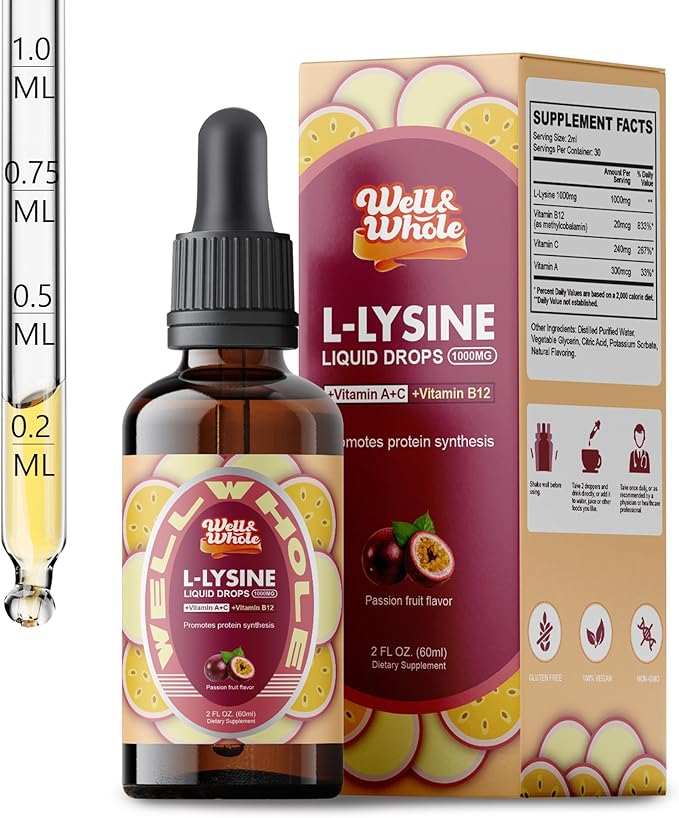 L-Lysine Supplement Liquid Drops | L-Lysine Vitamins 1000mg Tincture with Vitamin A, C, and B12 | Immune Support, Skin & Lips Health, Collagen Synthesis & Muscle Recovery | Non-GMO, Vegan,2 Fl Oz