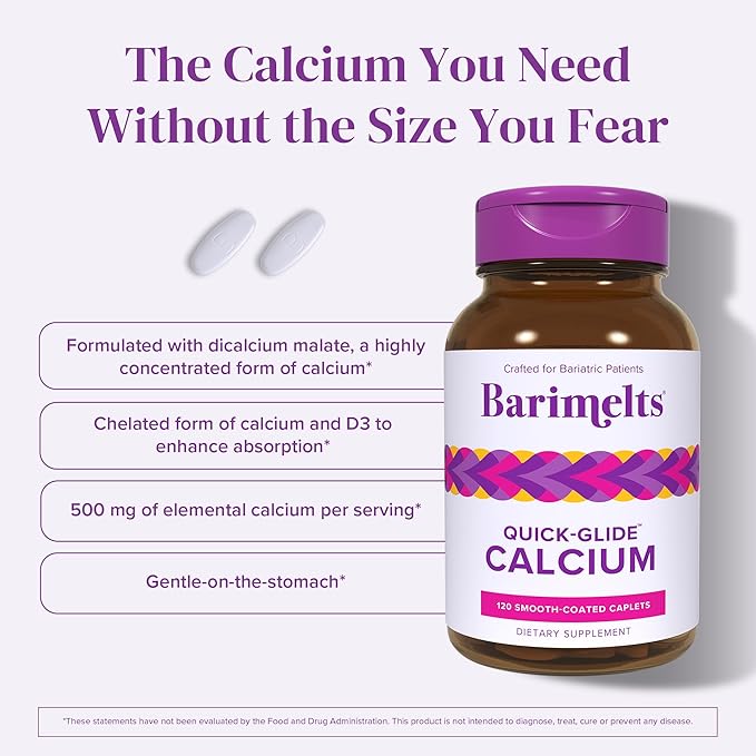 Barimelts Quick-Glide™ Calcium - 120 Smooth-Coated Caplets (1-Month Supply) - Bariatric Calcium Supplements for Women Support Bone Health After Bariatric Surgery