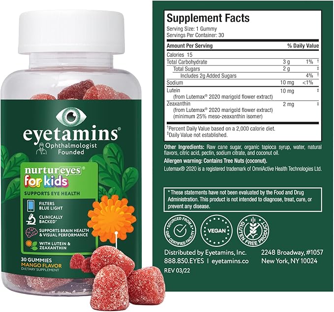 Nurtureyes Eye Health Gummy for Kids - 30 Easy-to-Chew, Mango Gummies - Ophthalmologist- Created Kids Eye Vitamins - Natural, Vegan, and Non-GMO Formula