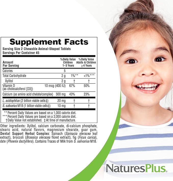 Natures Plus Animal Parade Tooth Fairy Children's Chewables - Natural Vanilla Flavor - 90 Animal-Shaped Tablets, Pack of 2 - Dental Health Supplement - Vegetarian, Gluten Free - 90 Total Servings