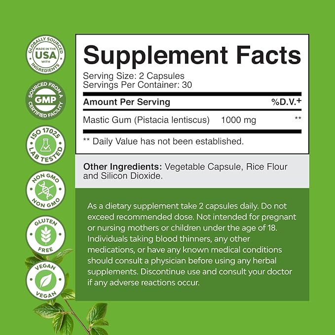 High Strength Mastic Gum Capsules - Herbal Digestion Supplement Providing Upset Stomach Relief for Adults - Vegan Non-GMO Gluten Free & Made in US GMP Facility - Gentle & Soothing (90 Servings)