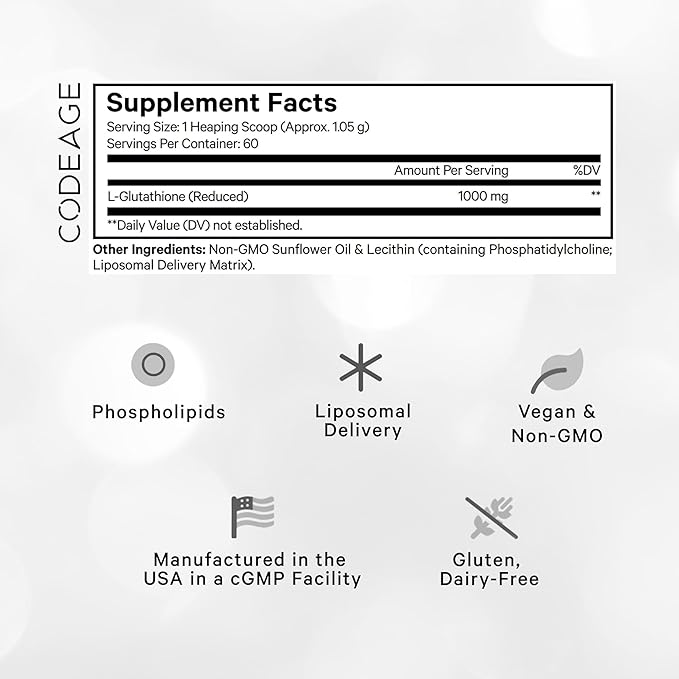 Codeage Liposomal Glutathione Powder - 1,000 mg L-Glutathione per Serving, Liposomal Delivery - 2-Month Supply - Vegan Reduced L-Glutathione - Unflavored - Phospholipid - Non-GMO Gluten-Free - 2.22 Oz