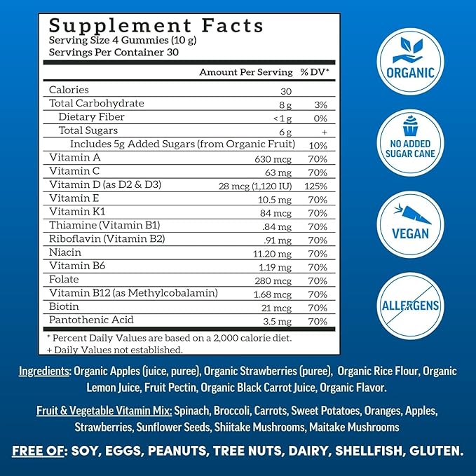 Llama Naturals Multivitamin for Men, Vegan, Organic Gummies with Vitamin D, C and K, Men's Real Fruit Gummy Vitamins, Chewable Multivitamin Supplement, No Added Sugar Cane, Strawberry, 120 Ct