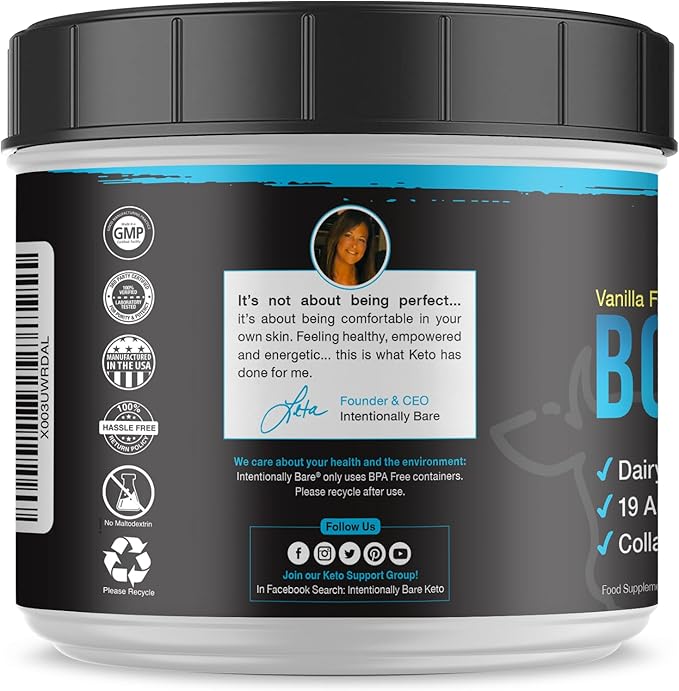 Intentionally Bare Bone Broth Organic Protein Powder Vanilla - Grass Fed Vanilla Protein with Collagen Types 1 2 & 3 - Keto Collagen Powder - Vanilla Collagen Powder for Joints & Gut - 20 Servings