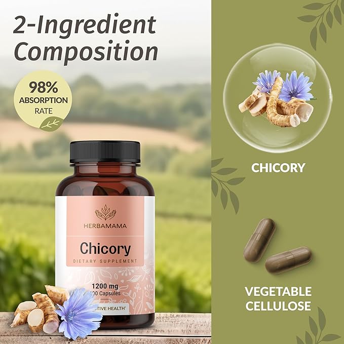 HERBAMAMA Chicory Root Fiber Capsules - 1200mg Chicory Root Powder for Gut Cleanse & Digestive Support - Vegan, Non-GMO Inulin Prebiotic Fiber Supplement, 100 Caps