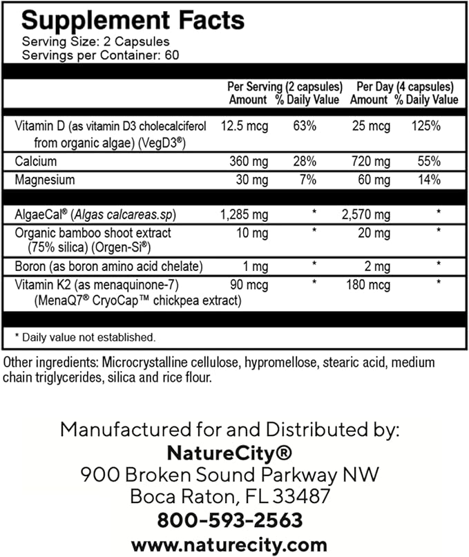NatureCity True-Osteo Plant-Based Supplement for Bone Strength | AlgaeCal Calcium & Magnesium, Plant-Based Vitamin D3, Vitamin K2, Silicon| Gentle on Stomach (240 Capsules)