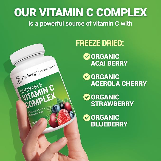 Dr. Berg Chewable Vitamin C Complex - Made with Organic, Non-GMO Berries - 60 Delicious Wafers