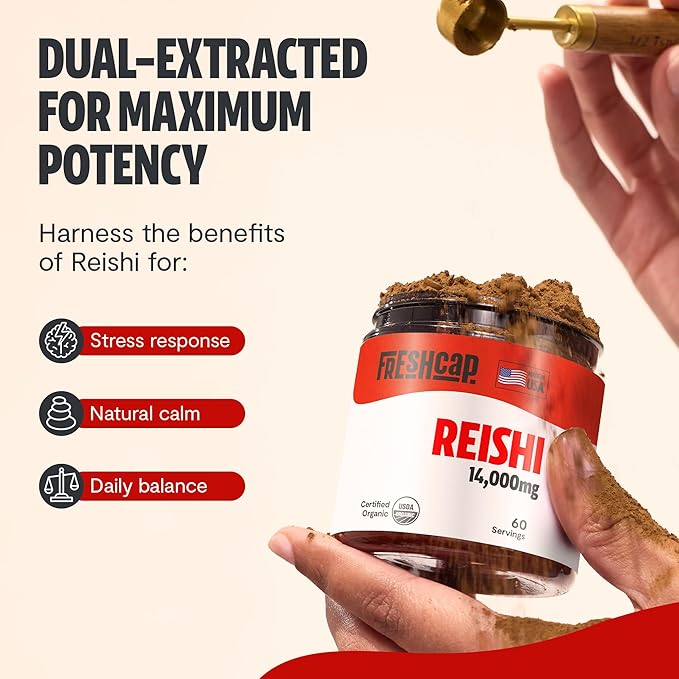 FreshCap Reishi Mushroom Powder 14,000mg - Organic Mushroom Extract Supplement Powder, Ayurveda Nootropic Red Reishi Supplement Blend (60 Servings)