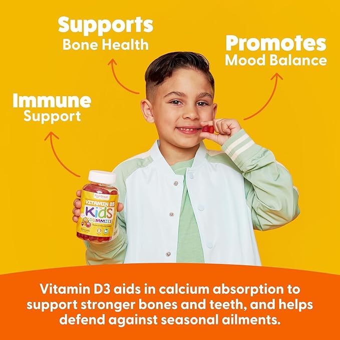 Feel Great Kids Vitamin D3 1000 IU Gummies (2-Pack) | Kids Vitamin D Gummies for Healthy Bones, Mood, & Immune Support | Citrus Flavored Vegetarian D3 Gummies