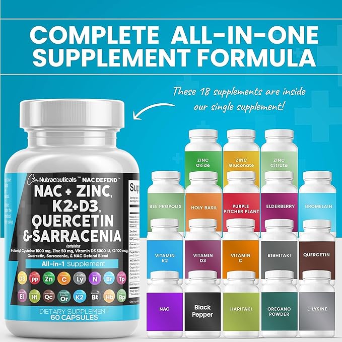 NAC Supplement N-Acetyl Cysteine Vitamin D3 K2 Zinc Quercetin Sarracenia Purpurea Immune Support | Elderberry Holy Basil Bee Propolis Bromelain L-Lysine Capsules Supplements For Women Men Adults
