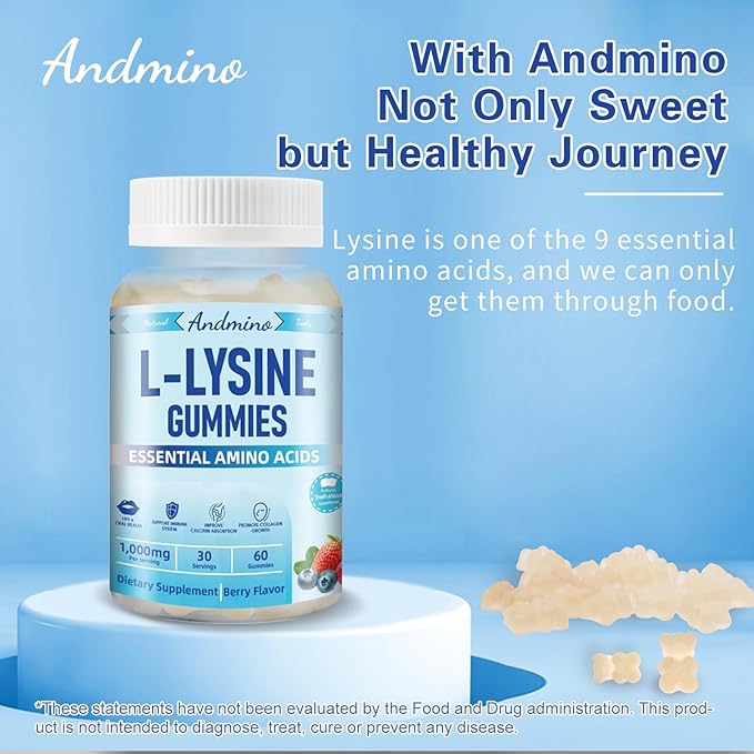 L-Lysine Gummies 1000 mg, with Trehalose, L Lysine Gummies for Lips & Oral Wellness, Immune Support & Collagen & Calcium, for Adults & Kids, Non-GMO, Vegan, Gluten Free, Berry Flavor, 60