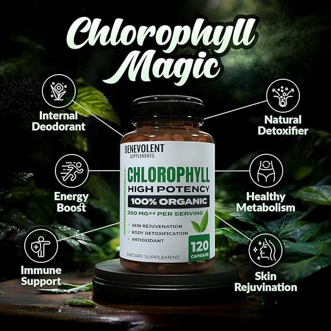 Benevolent Chlorophyll Capsules 350mg - 100% Natural + Ultra Chlorophyll 20x Potency Concentration for Energy Boost, Immune Support, Internal Deodorant, Skin Health, Non-GMO, 120 Capsules