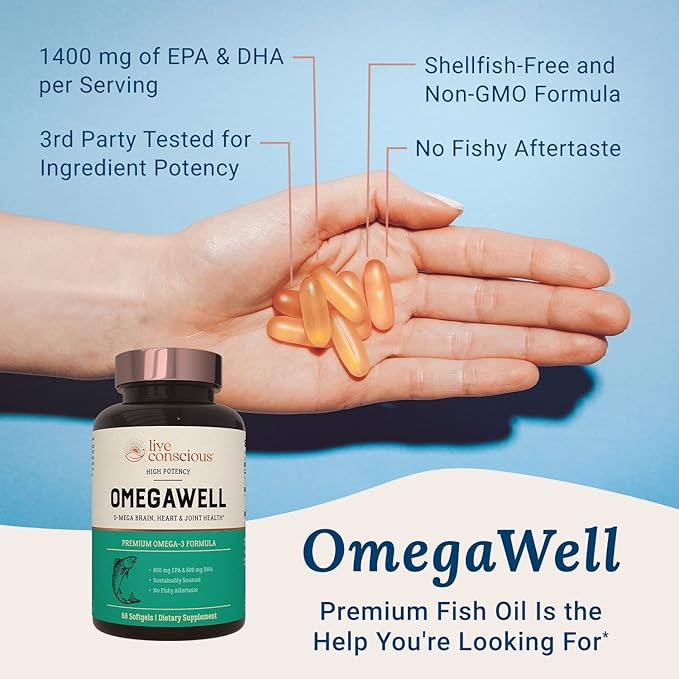OmegaWell Omega 3 Fish Oil - 2000mg Capsules: Heart, Brain, & Joint Support - 800 mg EPA 600 mg DHA - Sustainably Sourced - Omega 3 Fish Oil Mini Softgels - 30 Day Supply