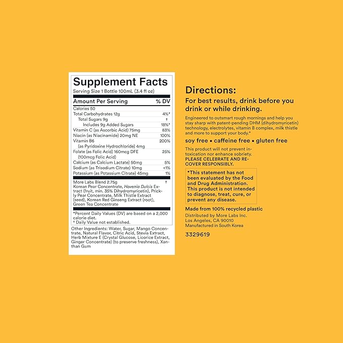Morning Recovery Electrolyte, Milk Thistle Drink Proprietary Formulation to Hydrate While Drinking for Morning Recovery, Highly Soluble Liquid DHM, Orange Mango, Pack of 6