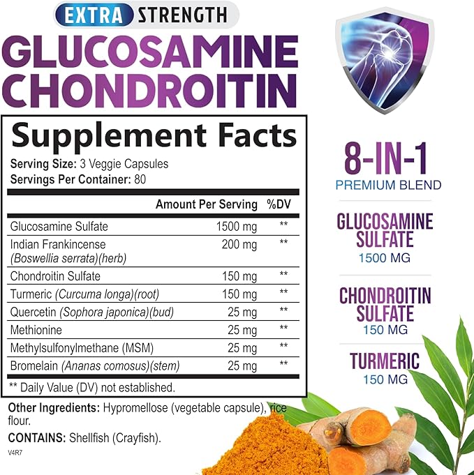 Glucosamine Chondroitin MSM Complex - 2100mg Joint Support Supplement with Turmeric & Boswellia - Quercetin for Joints, Bones, Knees & Mobility - Triple Strength Glucosamine Sulfate - 240 Capsules