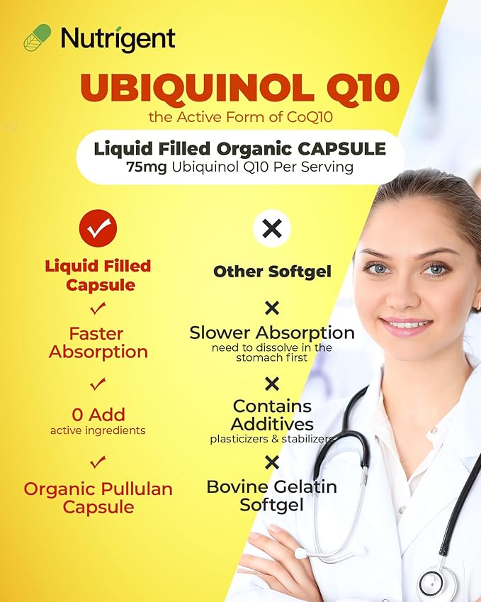 Ubiquinol CoQ10 75 mg, Liquid Filled Organic Capsules, High Absorption Coenzyme Q10 Supplements, Antioxidant for Heart Health & Energy Production, 30 Count