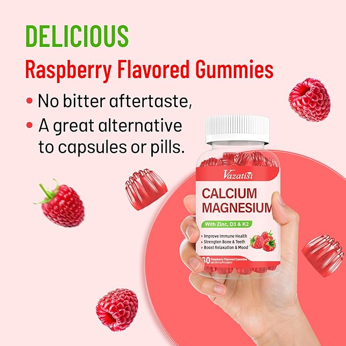 Calcium Magnesium Zinc Gummies with Vitamin D3 & K2, High Absorption Magnesium Glycinate Potassium for Immune and Calm Mood, Raspberry Flavor 120 Gummies