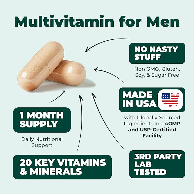 Multivitamin for Men - Daily Mens Multivitamins & Multiminerals with Vitamin D, Vitamin C, B12 Zinc & More. Essential Vitamins for Men for Energy, Focus, Stamina, Performance, Mens Health. 60 Capsules