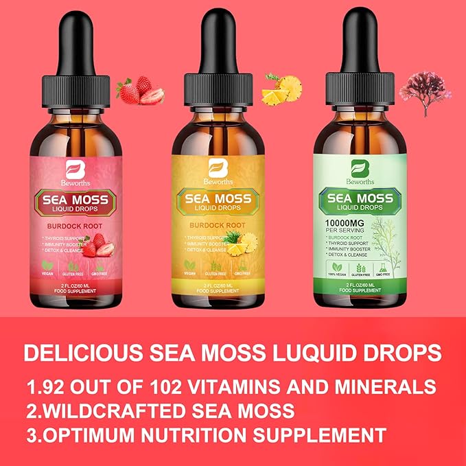 Sea Moss Liquid Drops - Organic Irish Sea Moss Gel with Spirulina, Bladderwrack, Burdock Root, Seamoss Gel Supplement for Immune, Joint, Detox Cleanse & Digestion Support - 2 Fl Oz, Vegan