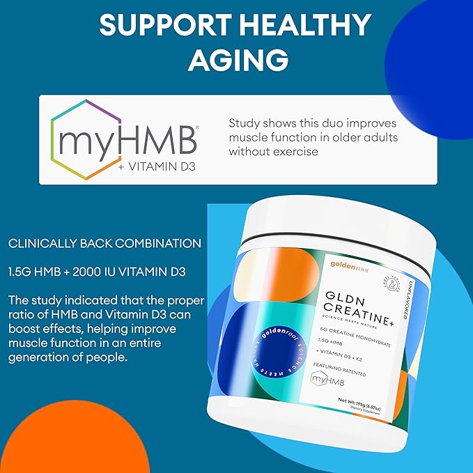 GLDN Creatine - Creatine Monohydrate with HMB for sustained Muscle Support and Recovery with Vitamin D3 and K2 for Bone and Joint Health - Designed for Women and Men - Unflavored Powder - 30 Serve